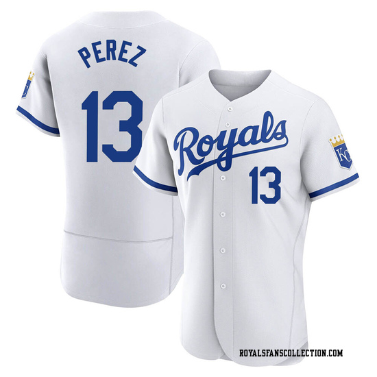 Salvador Perez Kansas City Royals Majestic Alternate Los Reales Flex Base  Player Jersey with World Series Commemorative Patch - White